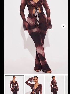 brown multi color long sleeve and flare pant mesh 2 piece size XL